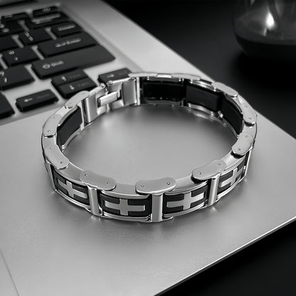 Cross Inlay Stainless Steel Link Bracelet