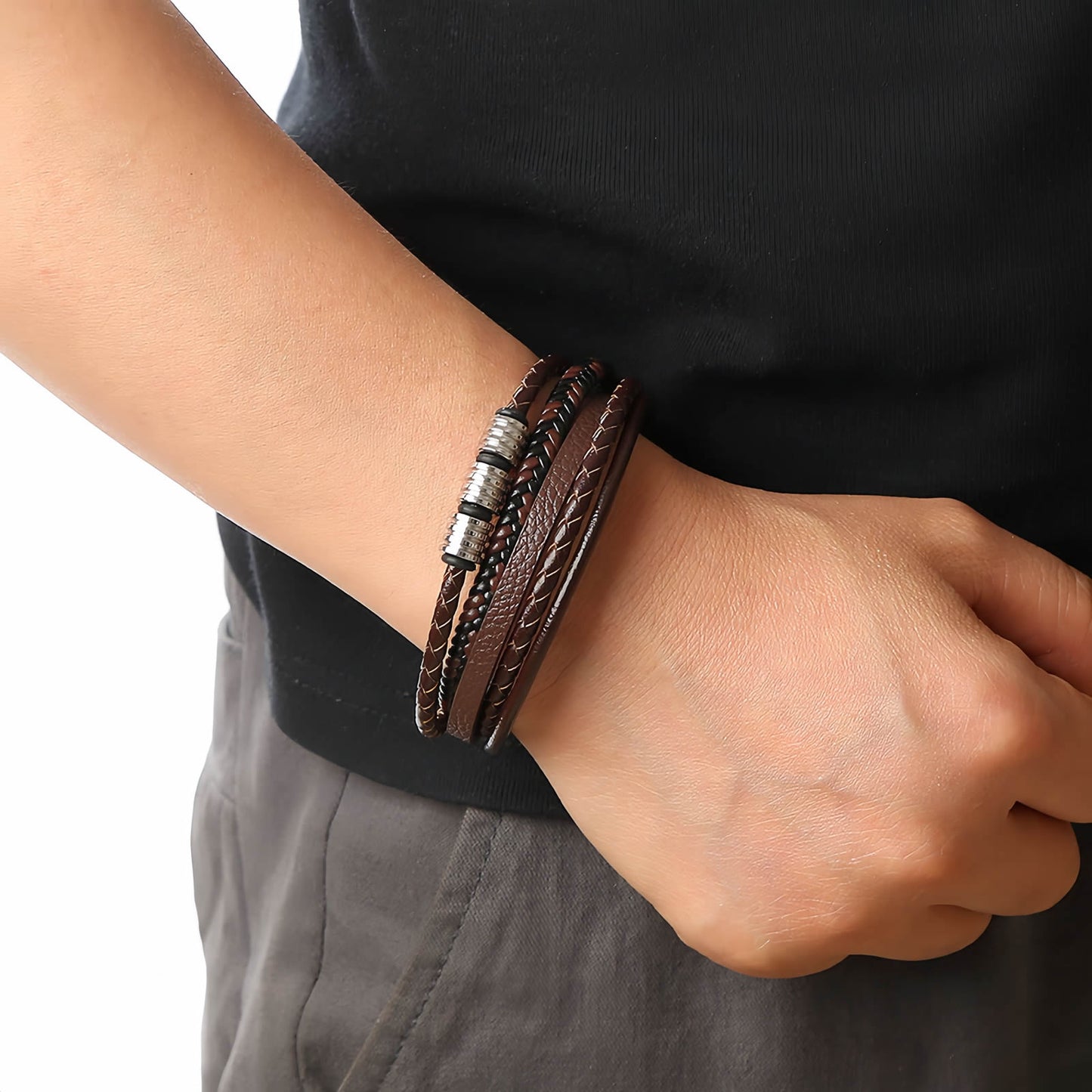 Layered Leather Bracelet with Metal Ring Accents for Men