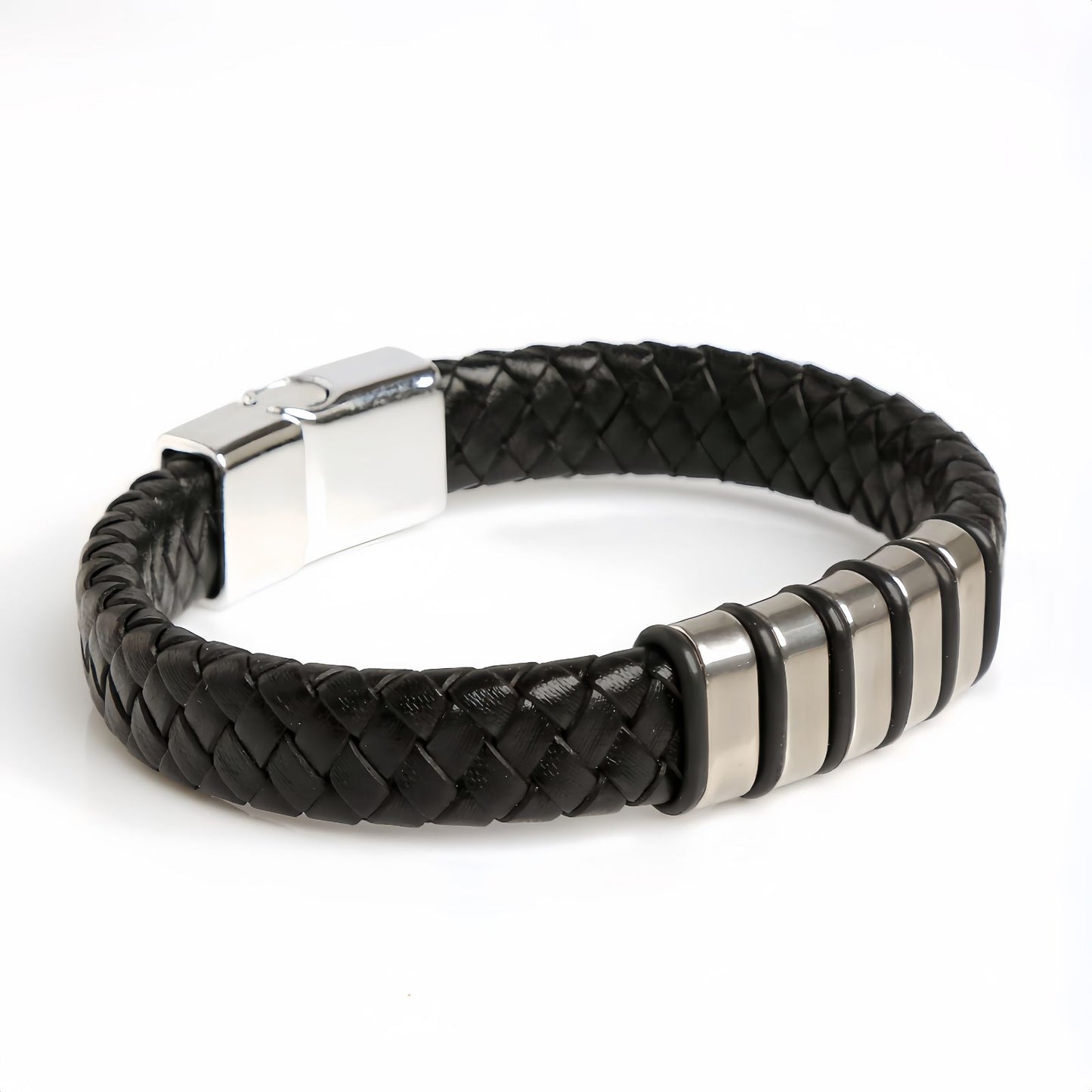 Men’s Braided Leather Bracelet with Layered Steel Bars