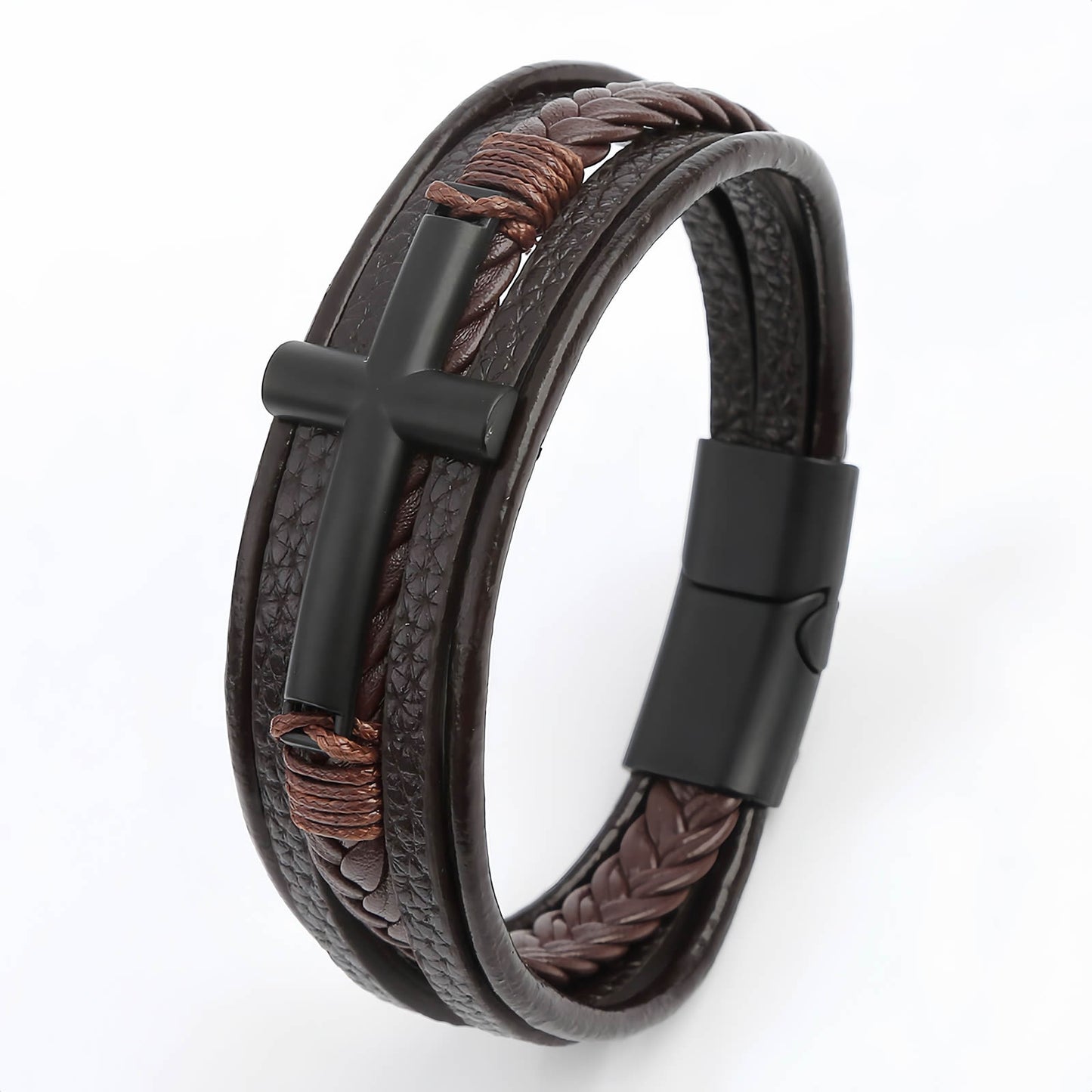 Men’s Braided Leather Bracelet with Cross Charm