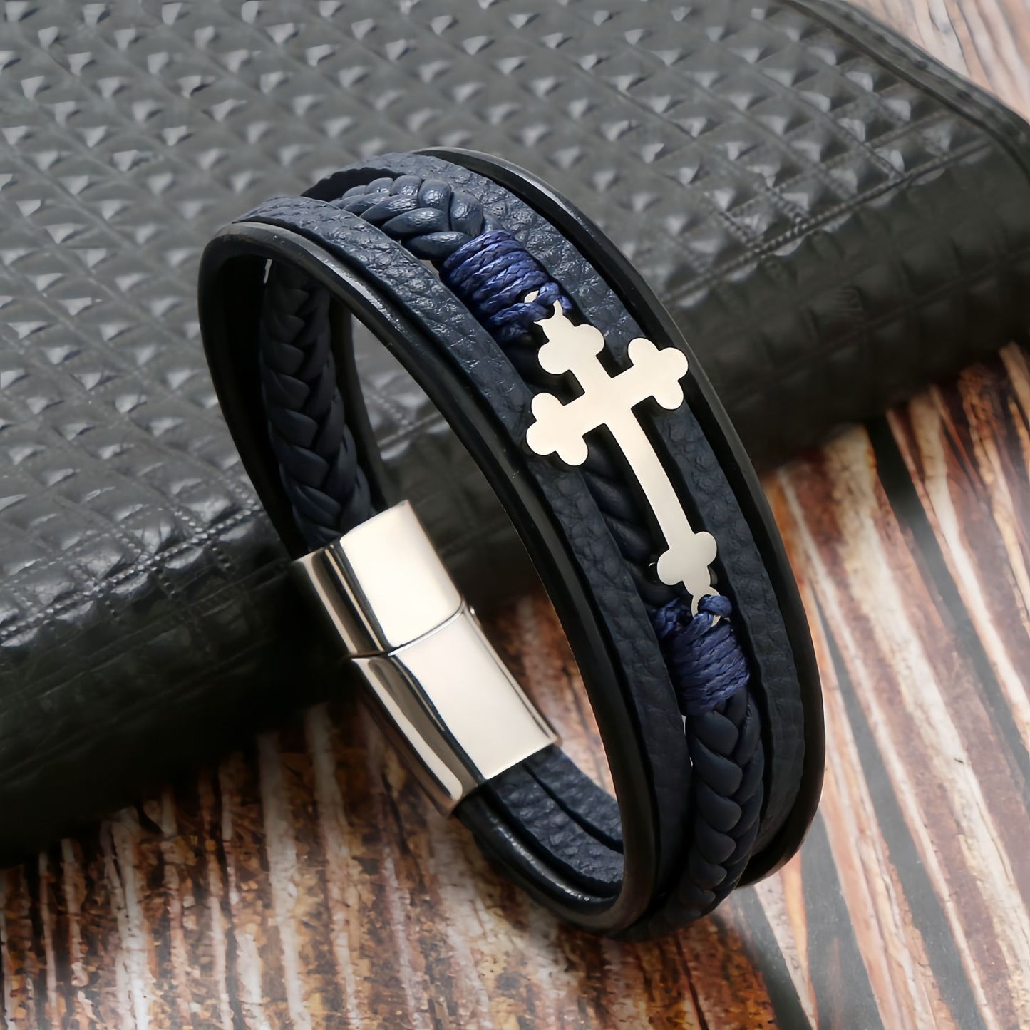 Men's Cross Braided Leather Bracelet
